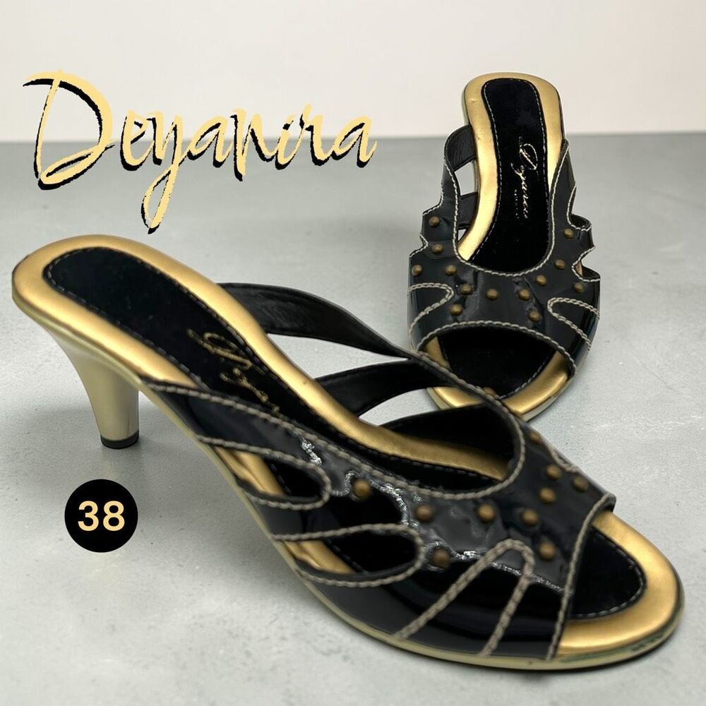 Deyanira Women's Patent Studded Cutout Strap Stiletto Mule Heels Black Size 38